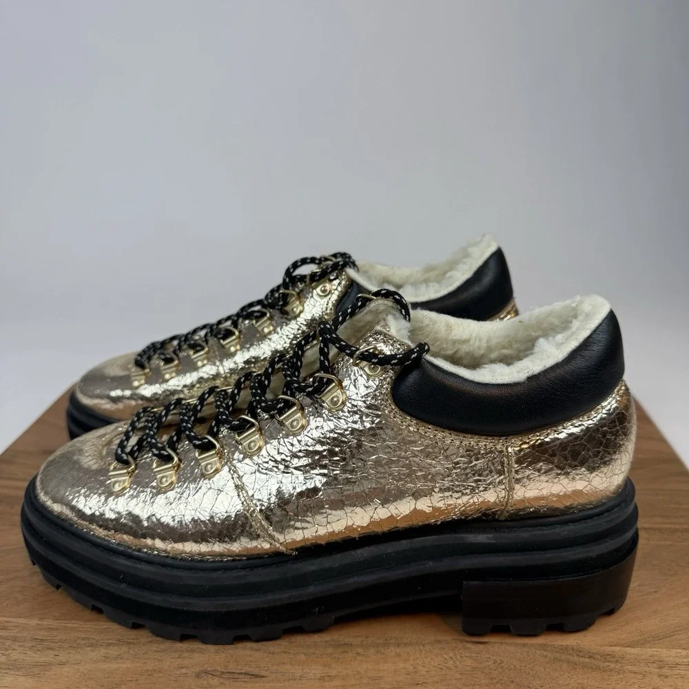 New Womens‎ Schutz Lucille Gold Metallic Leather Lace Up Platform Shoes Size 9.5